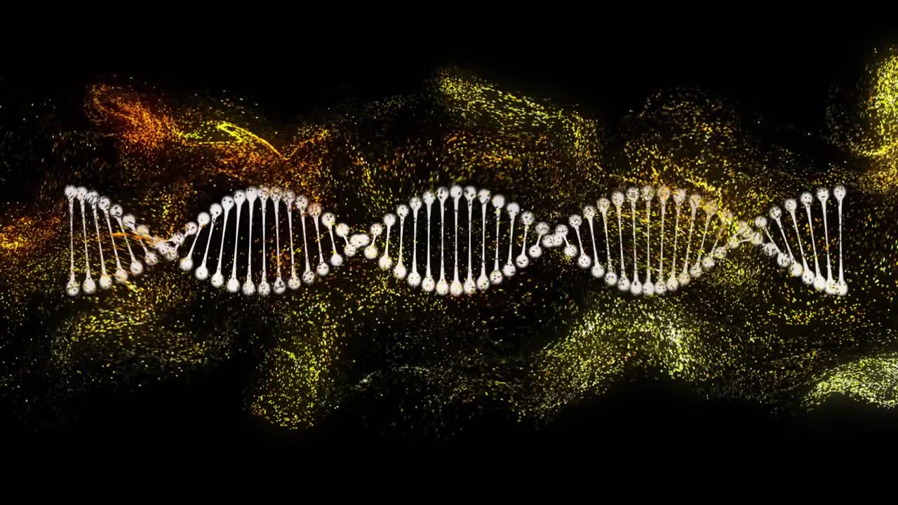 Bursting golden-yellow particles swirling through white DNA helix then fading uncovering structure