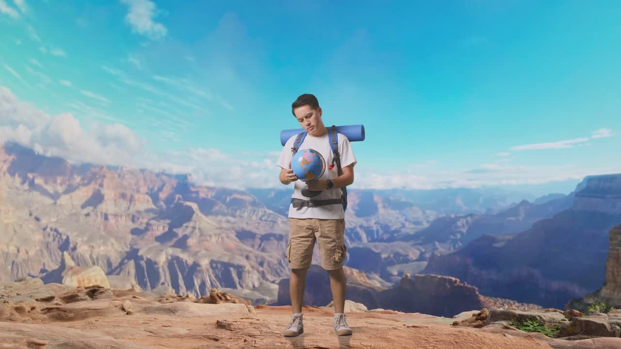 Full Body Of Asian Male Hiker With Mountaineering Backpack Looking At World Globe In His Hands And Making Confused Gesture While Traveling At The Top Of Mountain