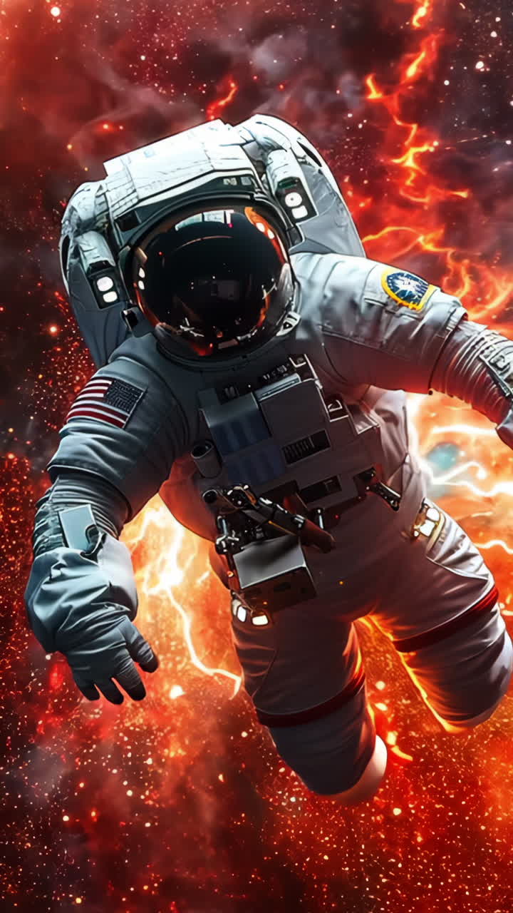 A man in a spacesuit is flying through a fiery cloud. Concept of danger and adventure, as the astronaut navigates through the intense heat and flames