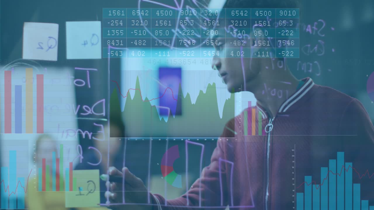 Animation of graphs, number charts, diverse coworkers discussing reports on transparent board