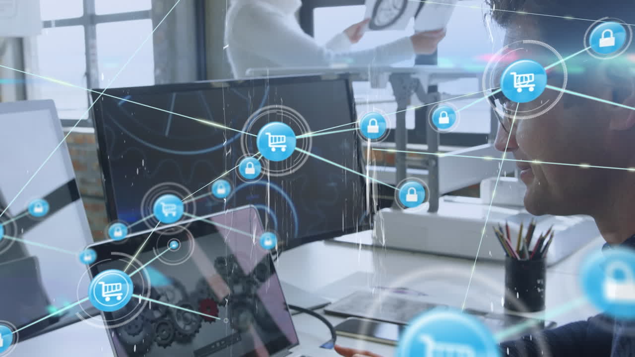 animación de la red de conexiones con iconos sobre hombres caucásicos usando tecnología