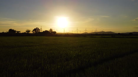 bright yellow sunset and silhouette of ecological windmill farm, aerial fly forward view