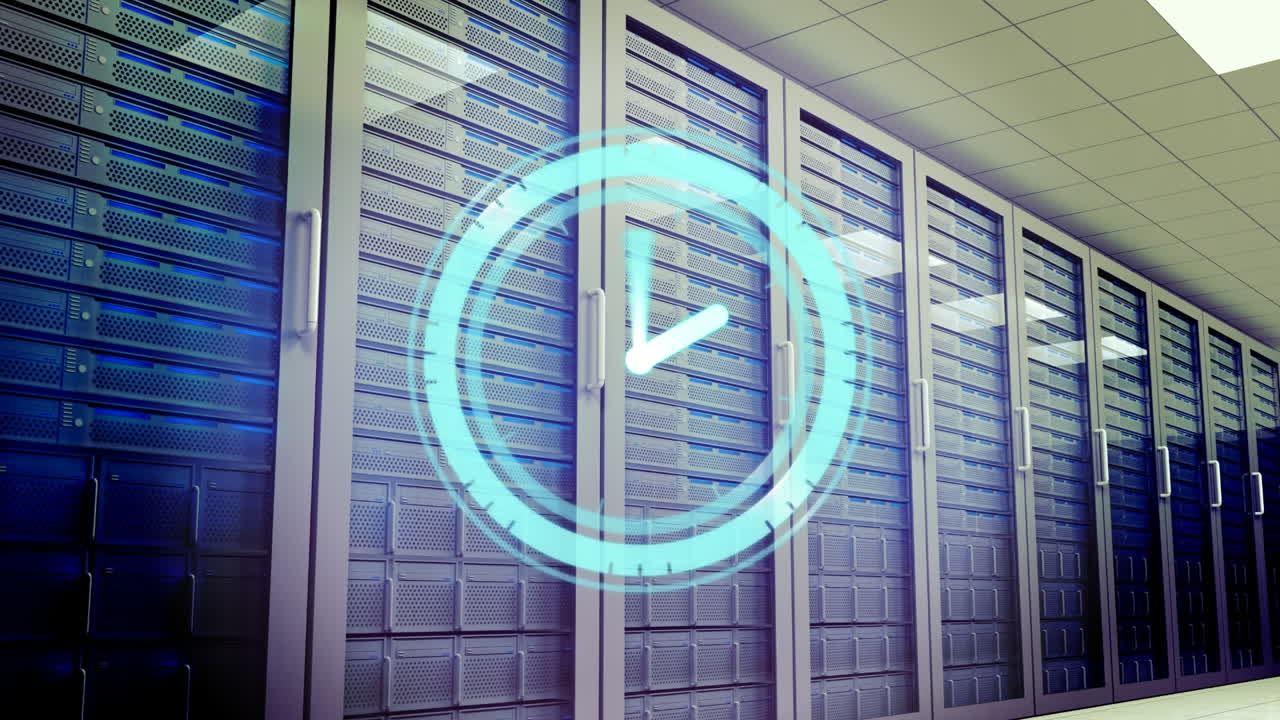 Animation of clock moving fast over computer servers in tech room