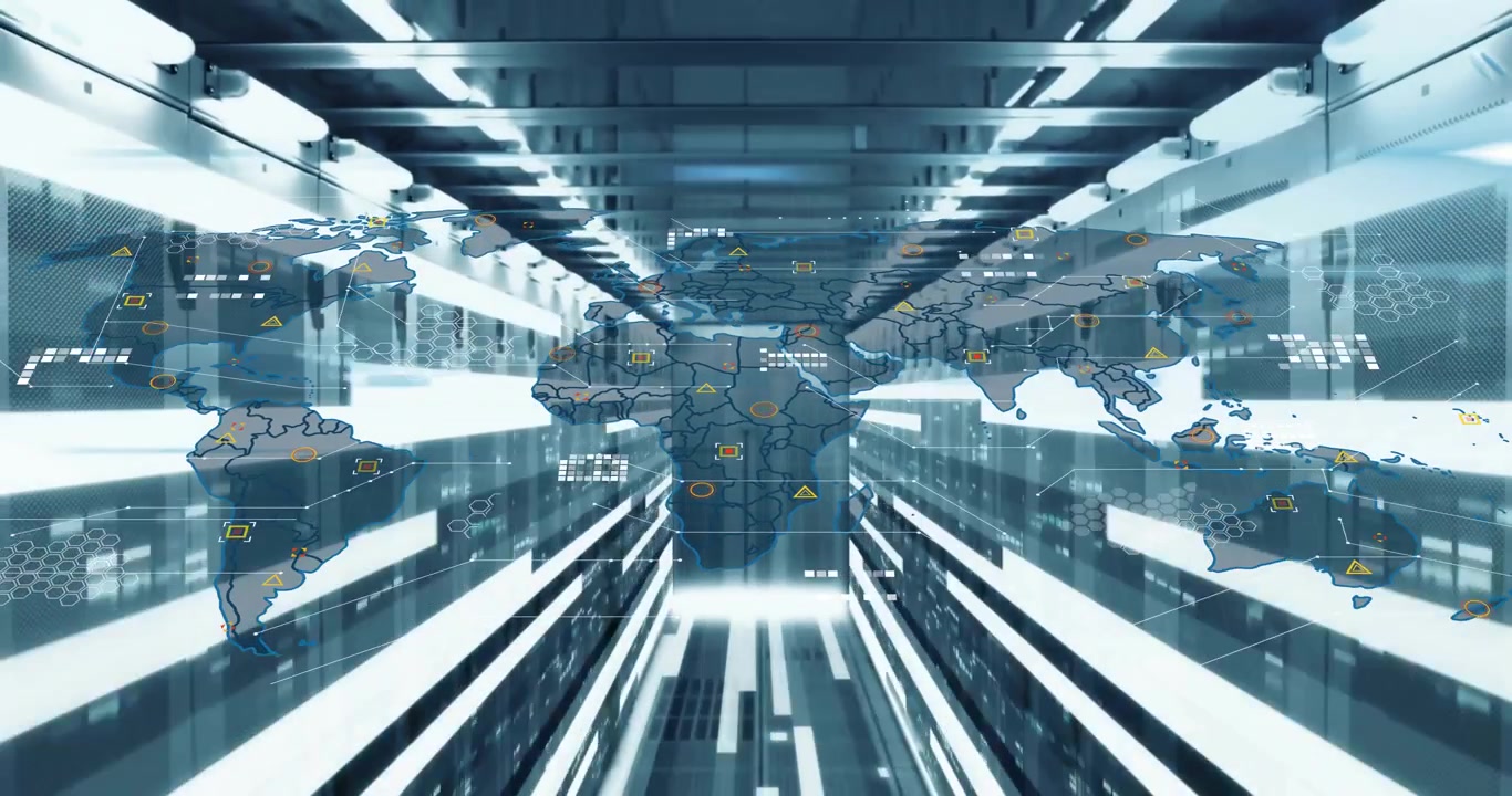 Forward camera gliding rack corridor triggers map fading, icons appearing showing global data flow