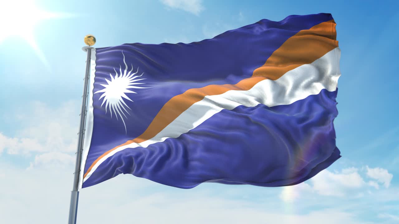 Bandiera delle Isole Marshall che sventola al vento contro un cielo blu intenso. Tema nazionale, concetto internazionale. Render 3D, loop continuo 4K.