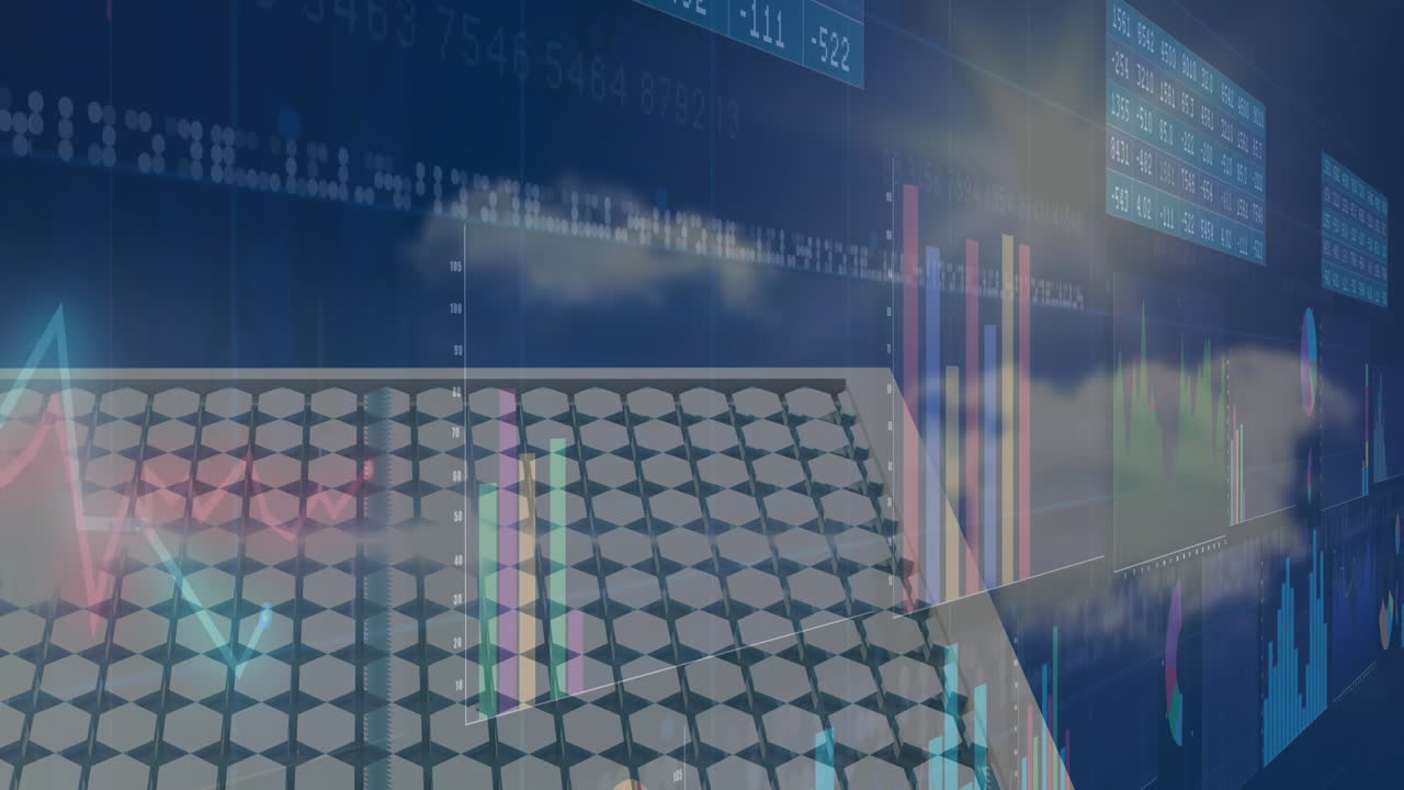 Financial data visualization being animated in virtual scene with 3D hex grid and scrolling charts