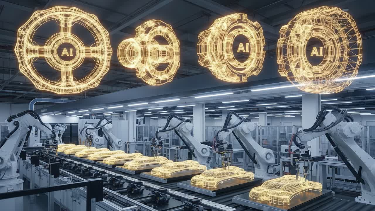 Innovative Factory Scene Showcasing Advanced AI Technology in Manufacturing Process with Robotic Arms and 3D Models of Machine Components