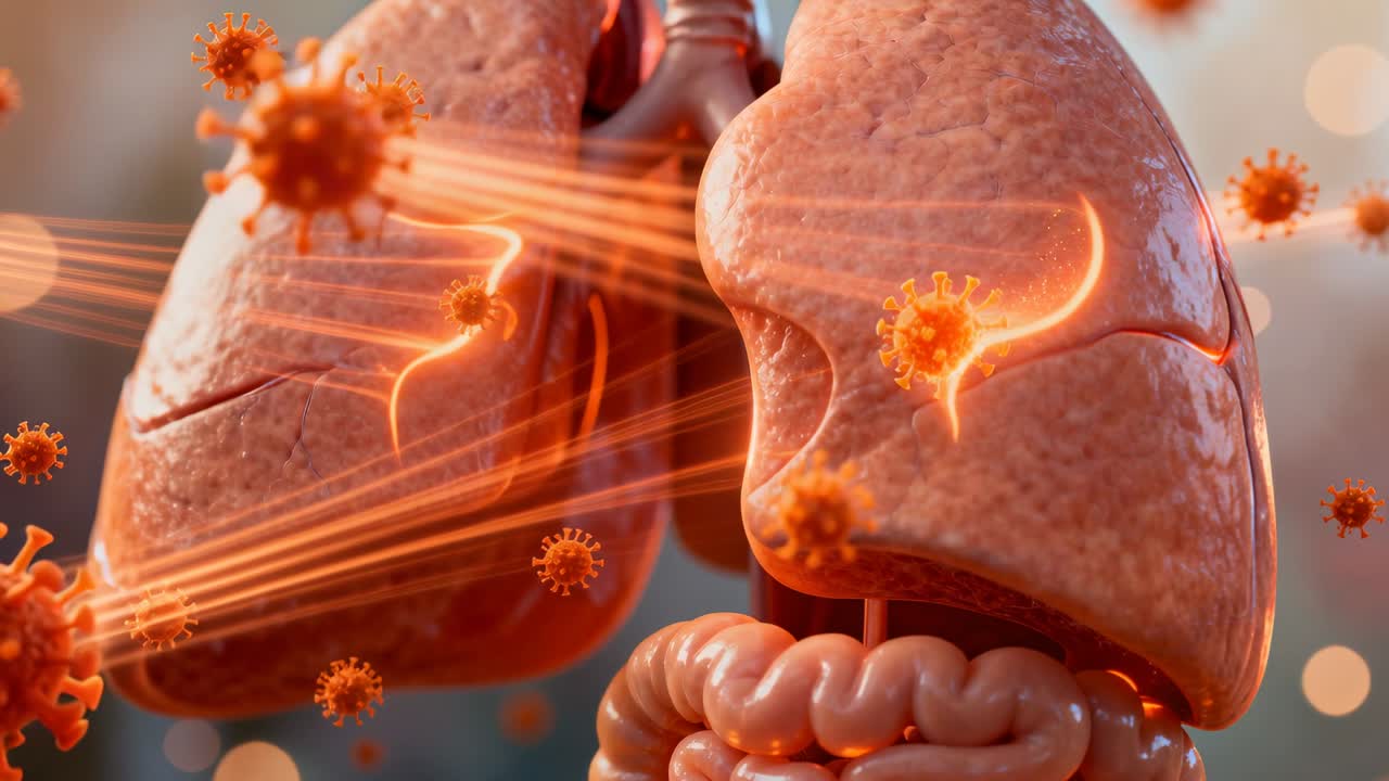 Polmoni animati che mostrano virus arancioni che si muovono verso i polmoni in studio, trachea e intestino.