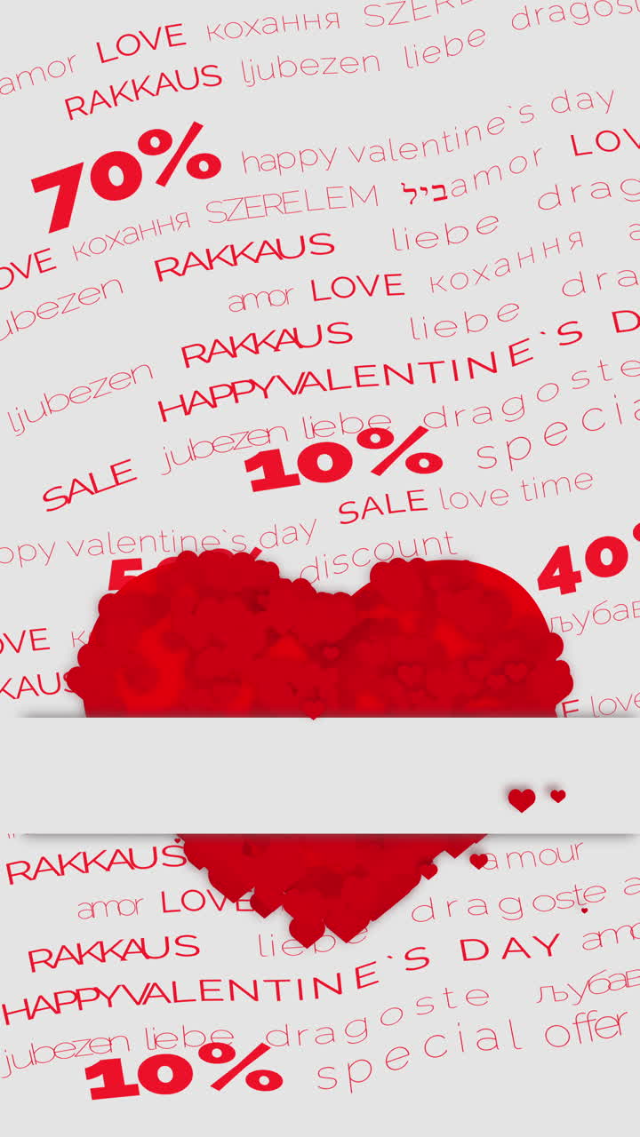 Happy Valentine's Day sale seasonal animation. Beautiful background with red hearts and words of love. Holiday loop animation with Discount Offer. Vertical video.