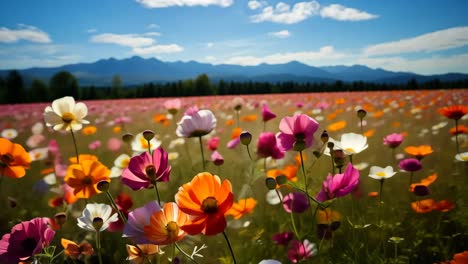 colorful wildflowers bloom in a vibrant meadow under blue skies