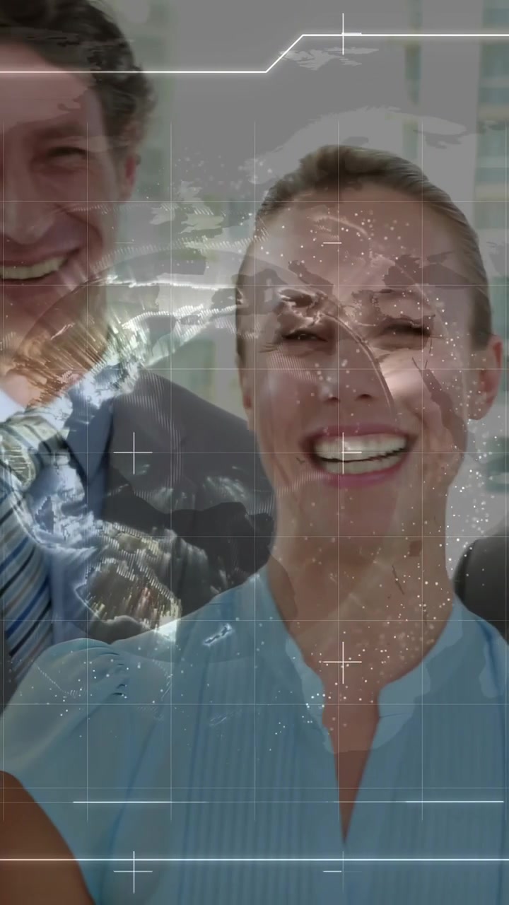 Vertical video: Coworkers entering as holo globe appearing laughing and posing in office in suits
