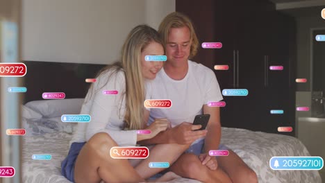 animación de una red de conexiones con iconos sobre un hombre y una mujer usando un teléfono inteligente