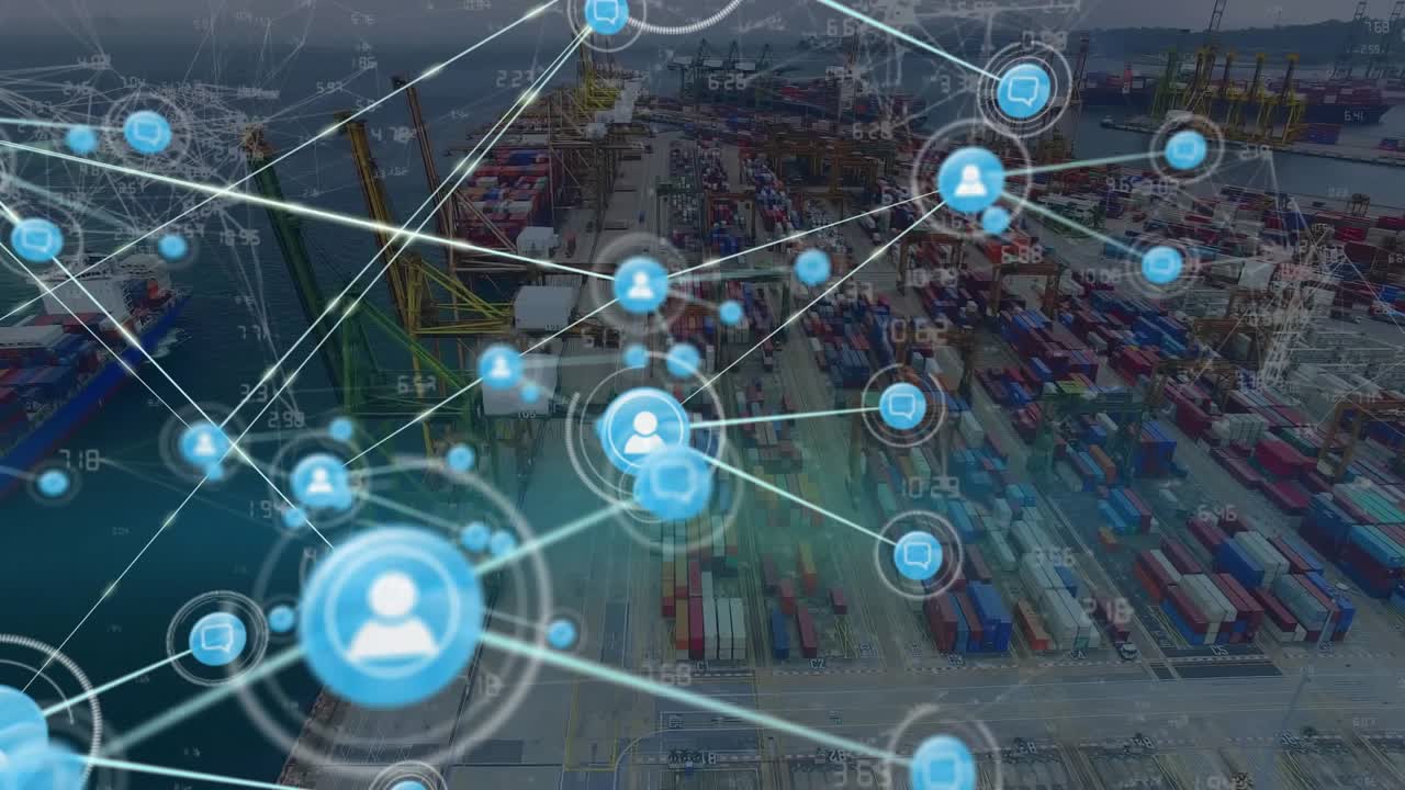 Animation of network of people icons over commercial shipping dock