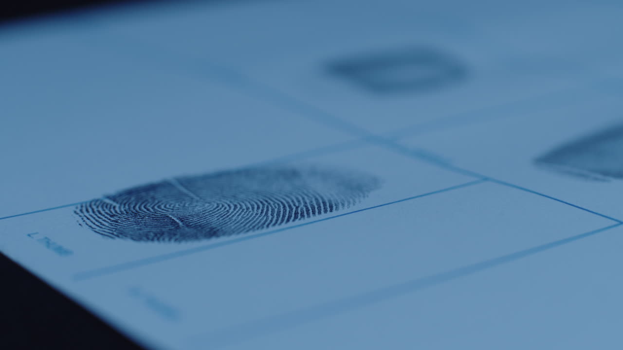Close-Up Of Thumbprint Being Applied To Paper Under Blue Lighting