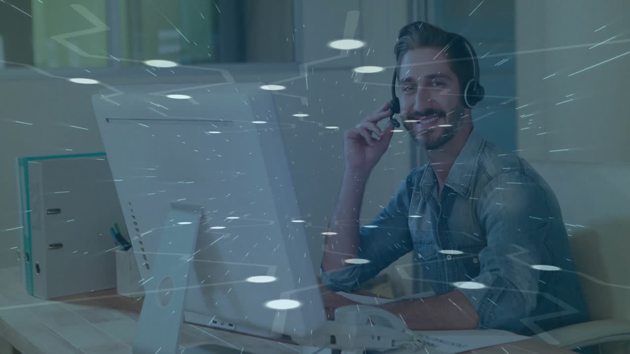 Office agent speaking into handset and initiating animated data overlay for business technology