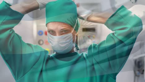 Animation-of-flag-of-argentina-waving-over-surgeon-in-operating-theatre