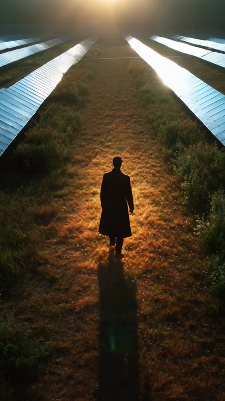 Una silhouette di una figura solitaria che cammina lungo un sentiero illuminato dal sole attraverso pannelli solari nelle prime ore del mattino, evidenziando la bellezza della natura e l'armonia tecnologica