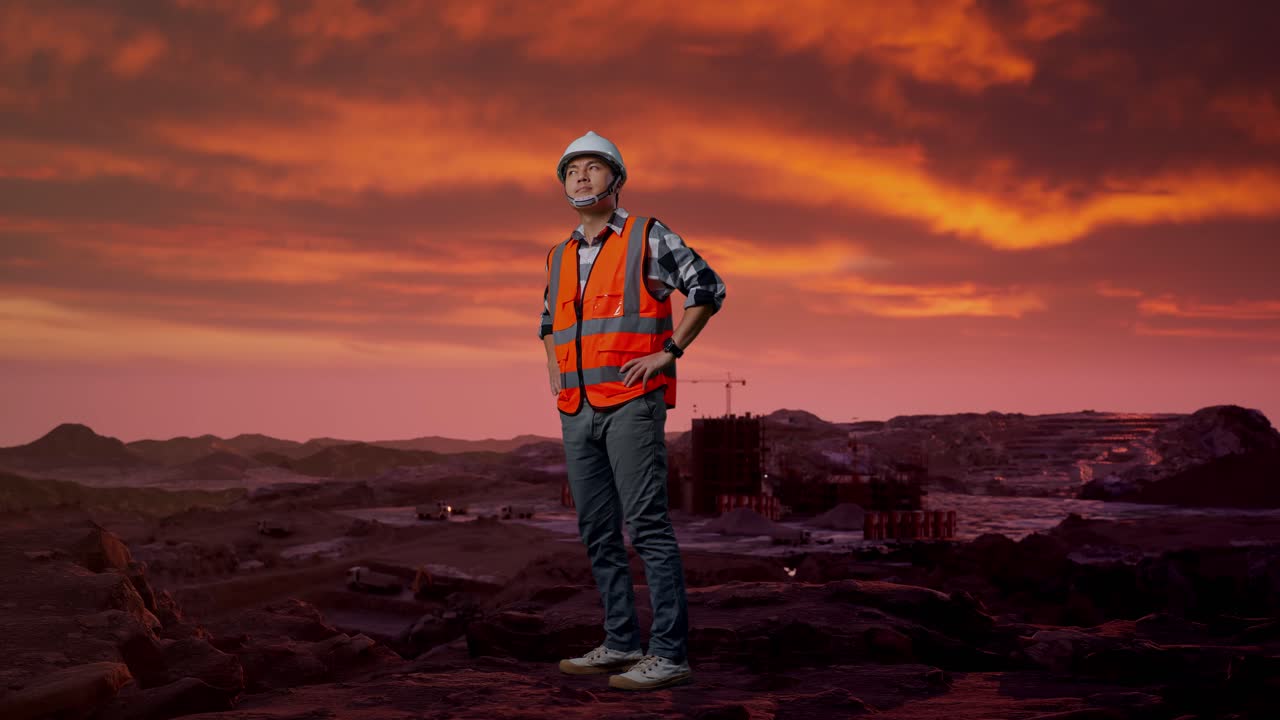 Bygningsarbeider på en gruveplass ved solnedgang