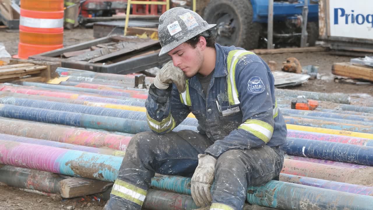A weary worker reflects on challenges while sitting on colorful pipes at a construction site, surrounded by tools and equipment, showing the weight of physical labor and dedication