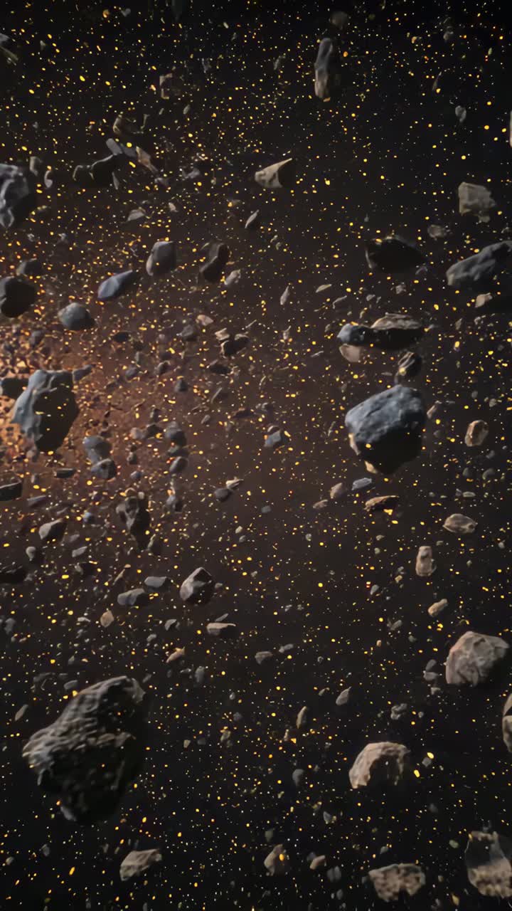 Vertical video: Advancing camera showing asteroid field drifting past to show depth and gold flecks