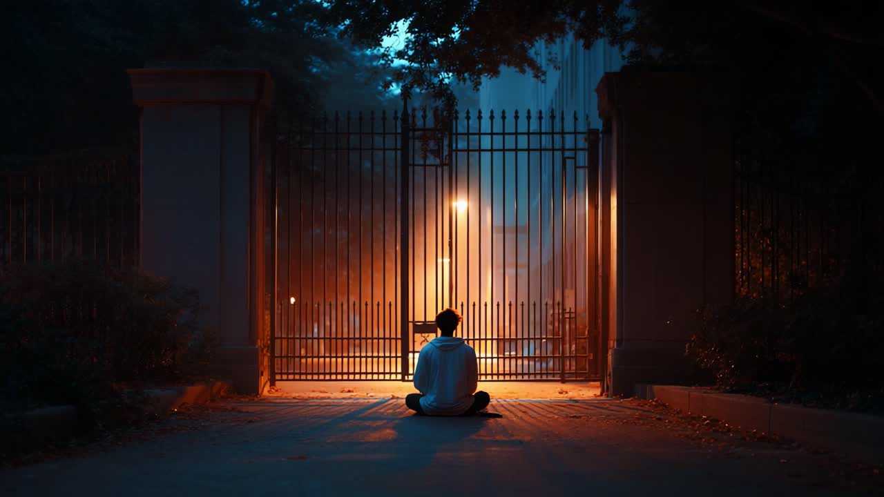A solitary figure sits in contemplation at the gates, illuminated by soft, glowing lights, surrounded by a serene, misty atmosphere that evokes a sense of mystery and introspection