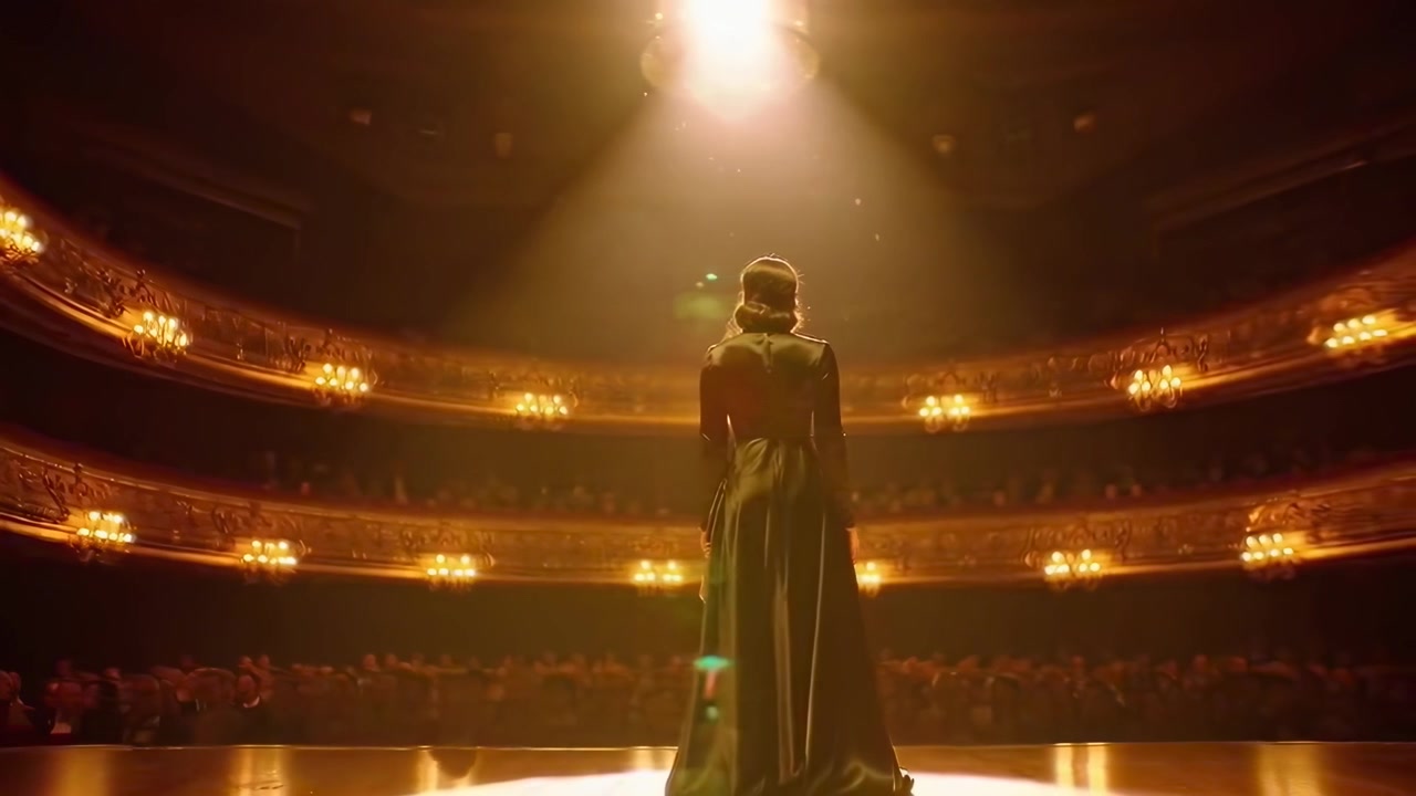 Mujer con vestido elegante de pie en el escenario de un gran teatro