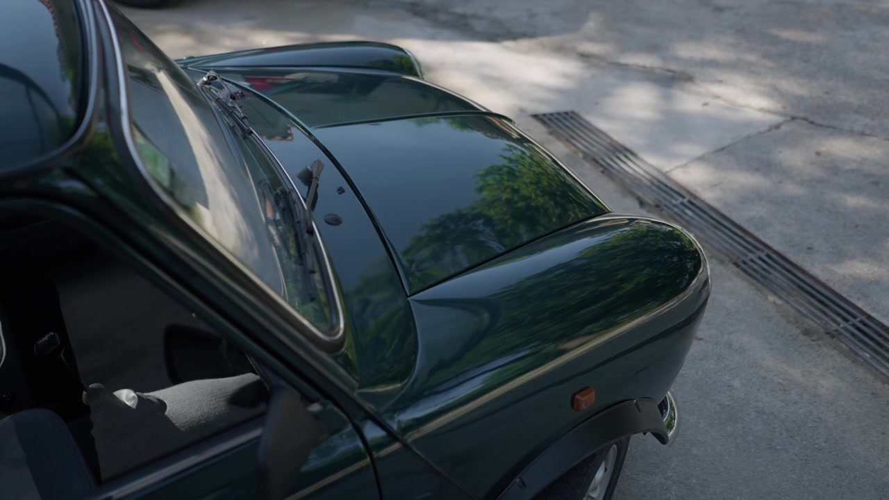 Tetto di un'auto d'epoca verde scuro lucido e lunotto posteriore che riflettono alberi su un vialetto