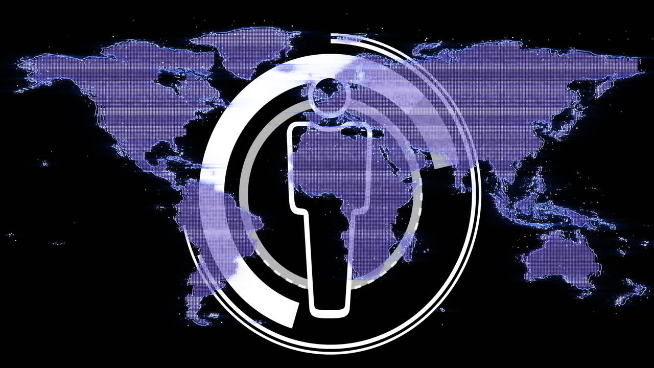 animación del icono de los medios y el mapa del mundo en fondo negro