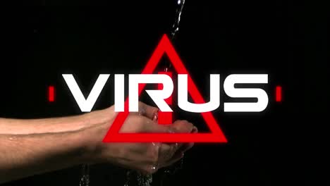 Animation-of-the-word-Virus-written-over-triangle-warning-road-sign-over-a-person-washing-hands-