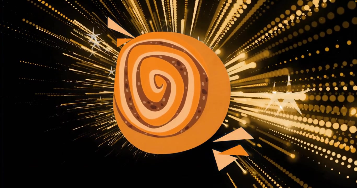 Spiral tengah muncul dengan sinar berdenyut ke luar, panah melayang, bintang berkilauan menampilkan logo.