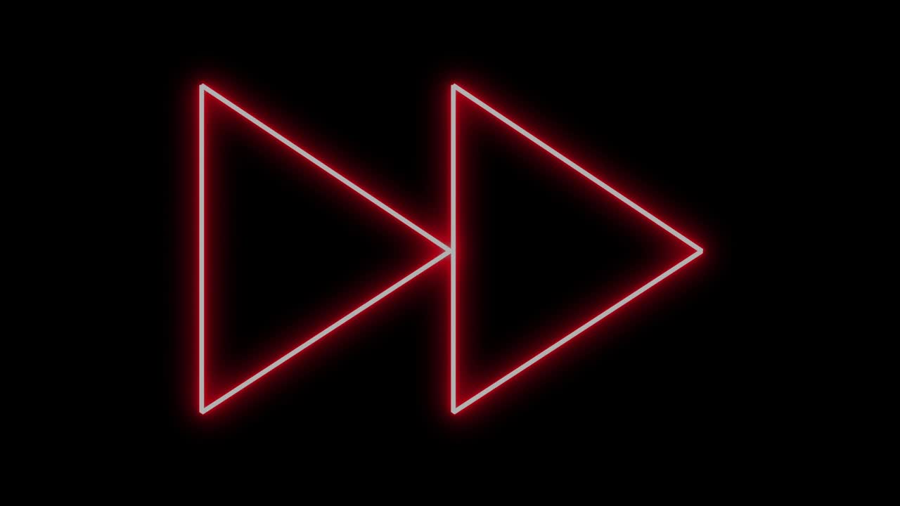 Red neon rewind sign blinks.