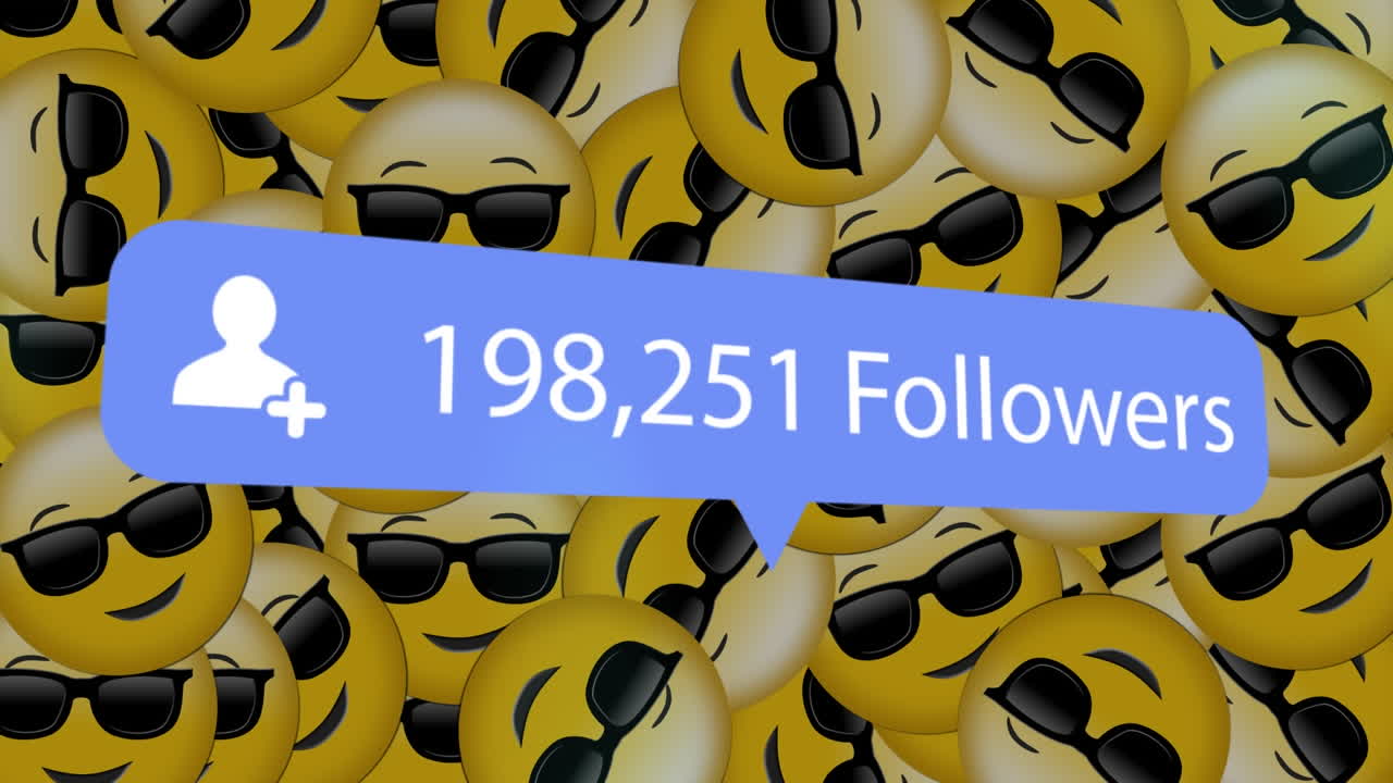 animación del número creciente de seguidores sobre iconos emoji en fondo azul