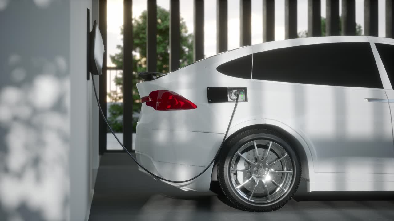 cargando un suv eléctrico en el garaje animación 3d