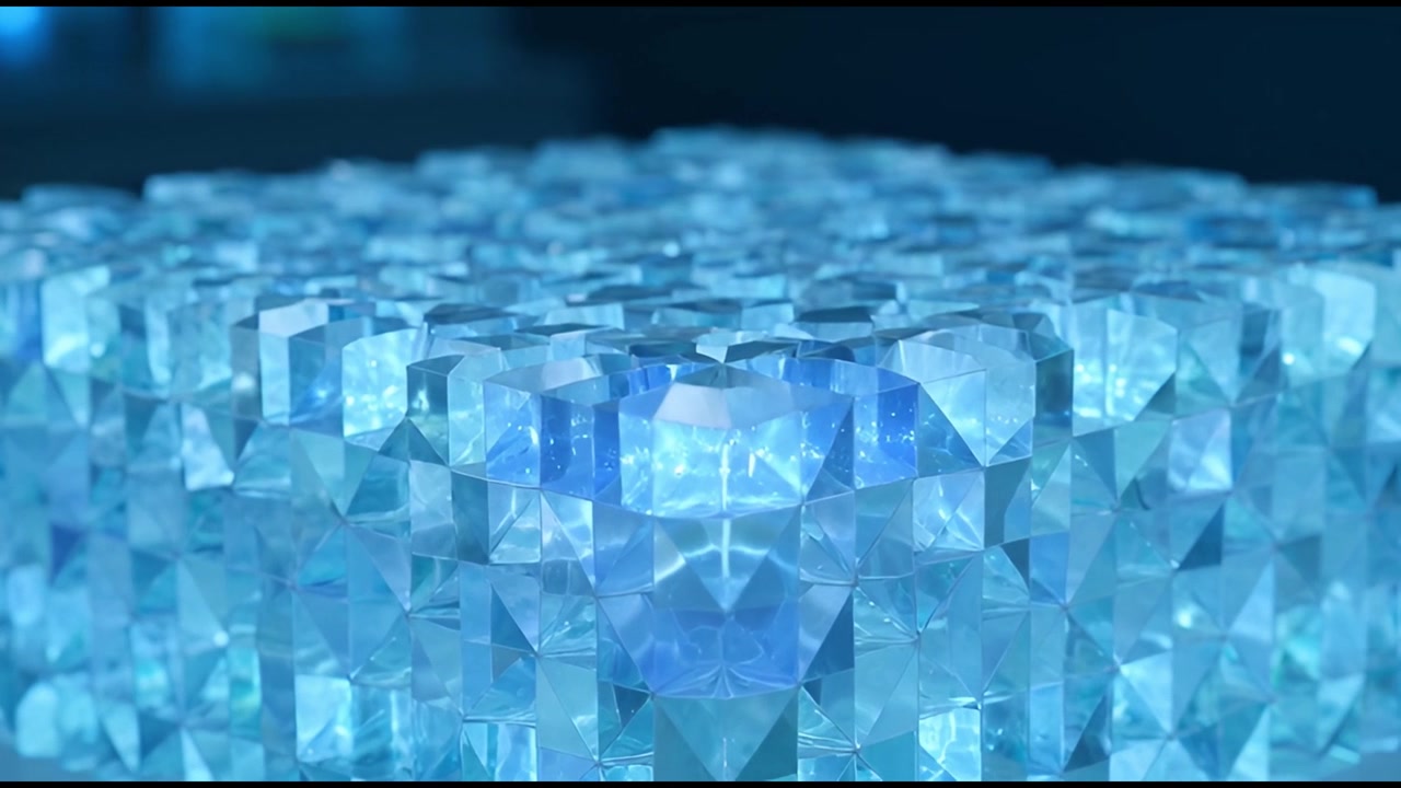 Abstract Geometric Structure Made of Glowing Blue Crystal Cubes