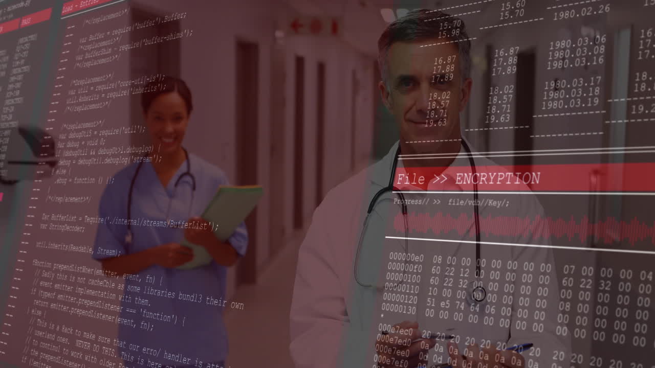 male doctor holding tablet nurse holding folder in medical corridor, showing encrypted code overlay