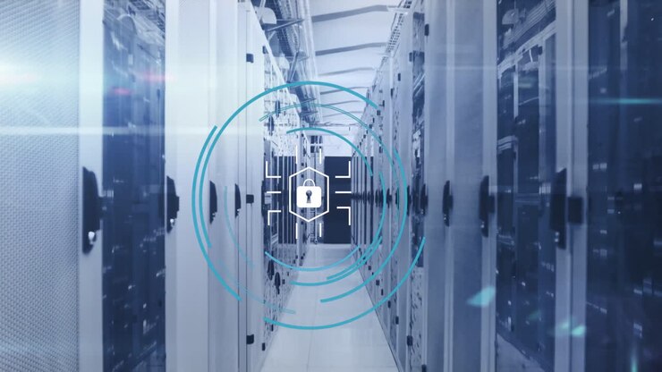 Animation of security padlock icon, mosaic squares and light spot against computer server room
