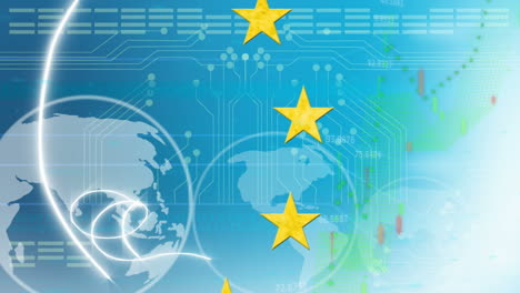 animation of flag of european union over globe and statistics