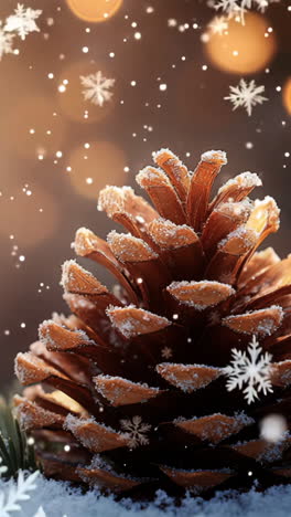 a pine cone is sitting on top of a snowy ground. the pine cone is surrounded by pine needles and snow. the image has a peaceful and serene mood, as the pine cone is the only object in the scene