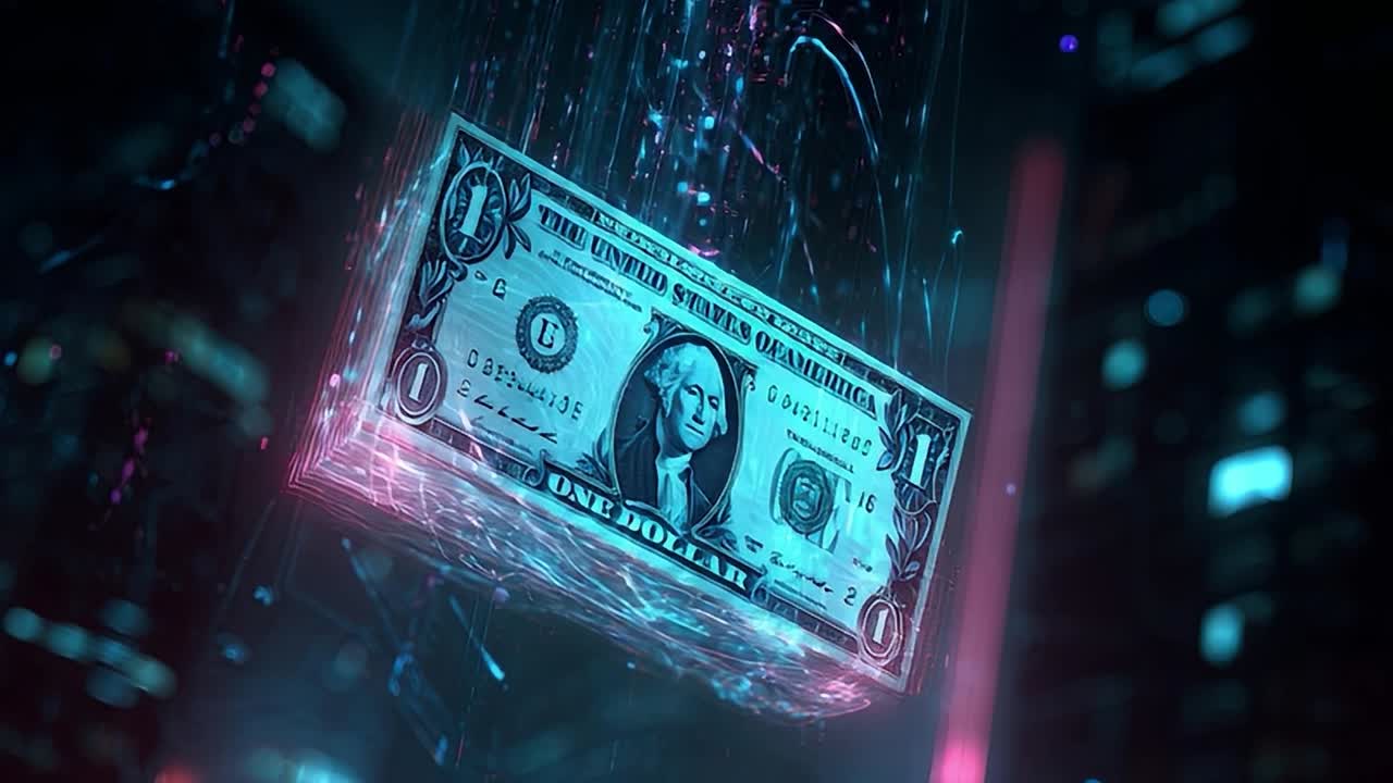 Neon ışıklar içinde yüzen bir dolarlık banknotun renkli dijital render’ı