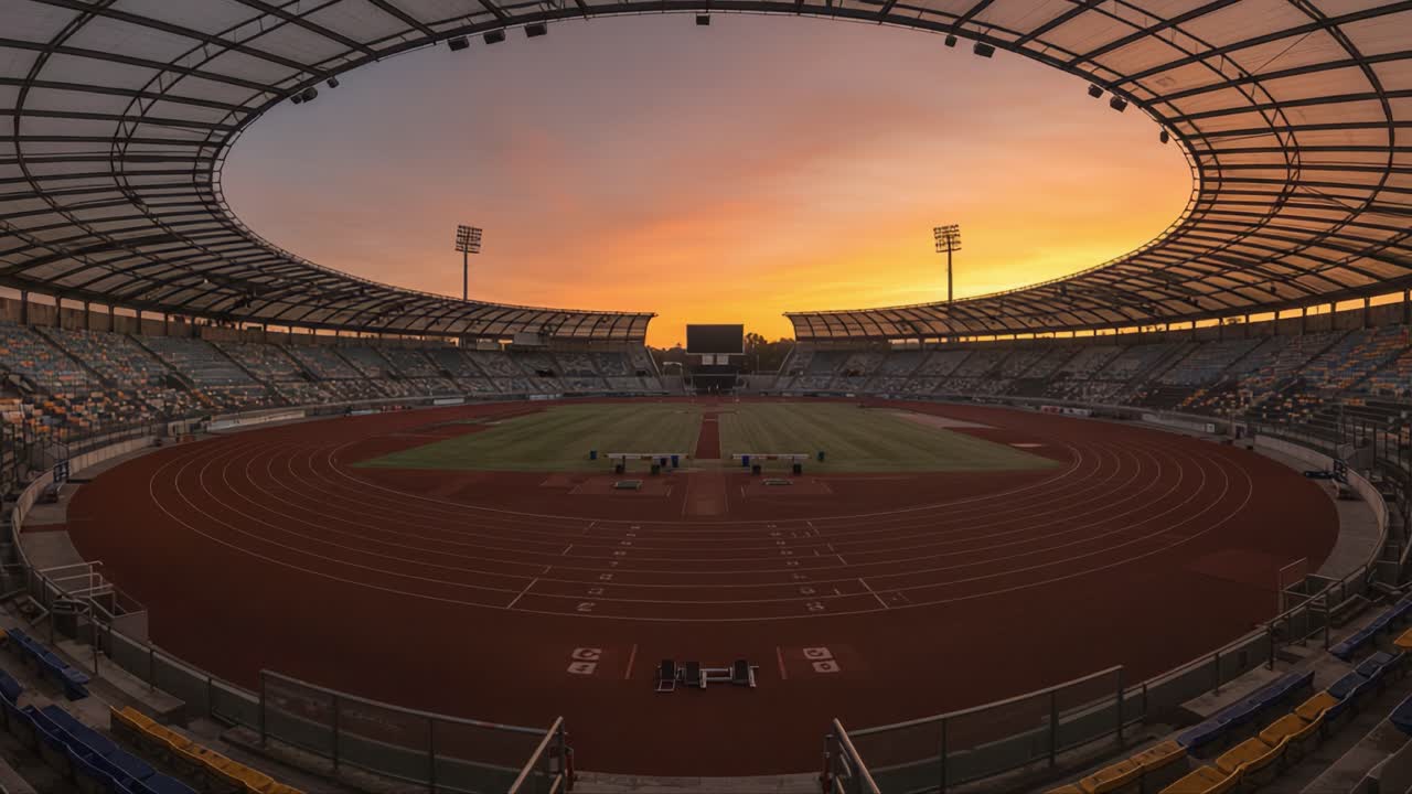 A Dramatic Transition in Time: Capturing the Beauty of a Stadium at Sunset, from Vibrant Hues to Subdued Tones in a Serene Atmosphere