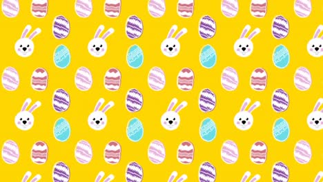 Animation-of-patterned-Easter-eggs-and-Easter-bunnies-moving-in-rows-on-yellow-background