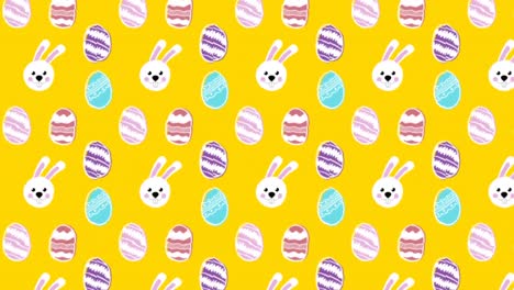 animación de huevos de pascua con patrones y conejitos de pascua moviéndose en filas sobre fondo amarillo