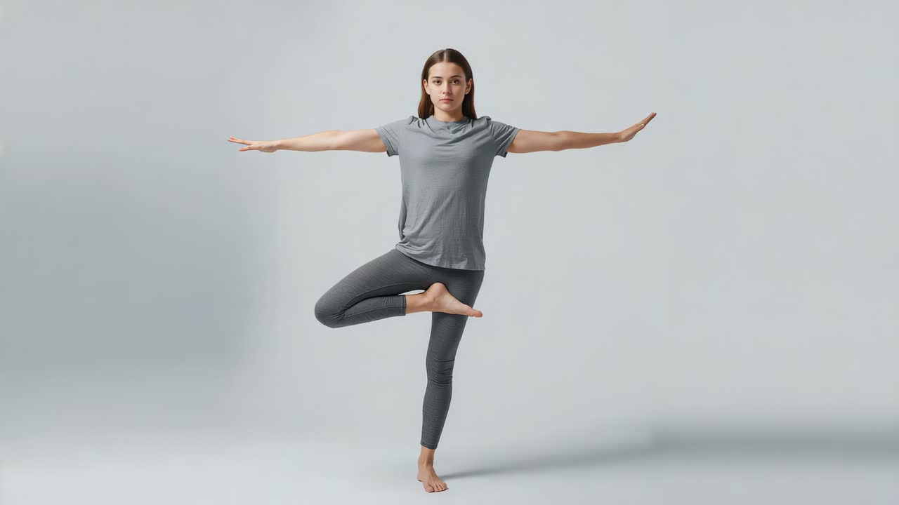Balancerende kvinde i højre bens udgangsposition, der holder løftet fod for at balancere i et studie iført grå t-shirt