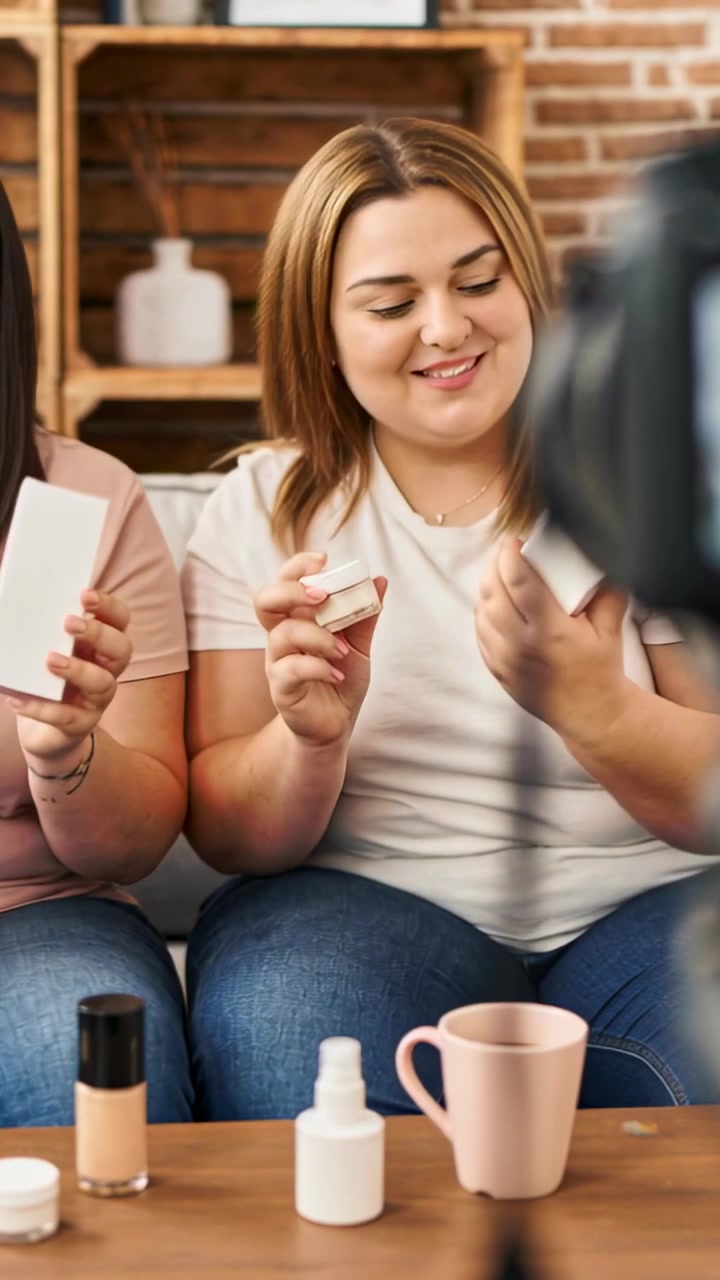 Vertical video: Camera rolling woman right showing jar and white box on sofa in jeans reviewing