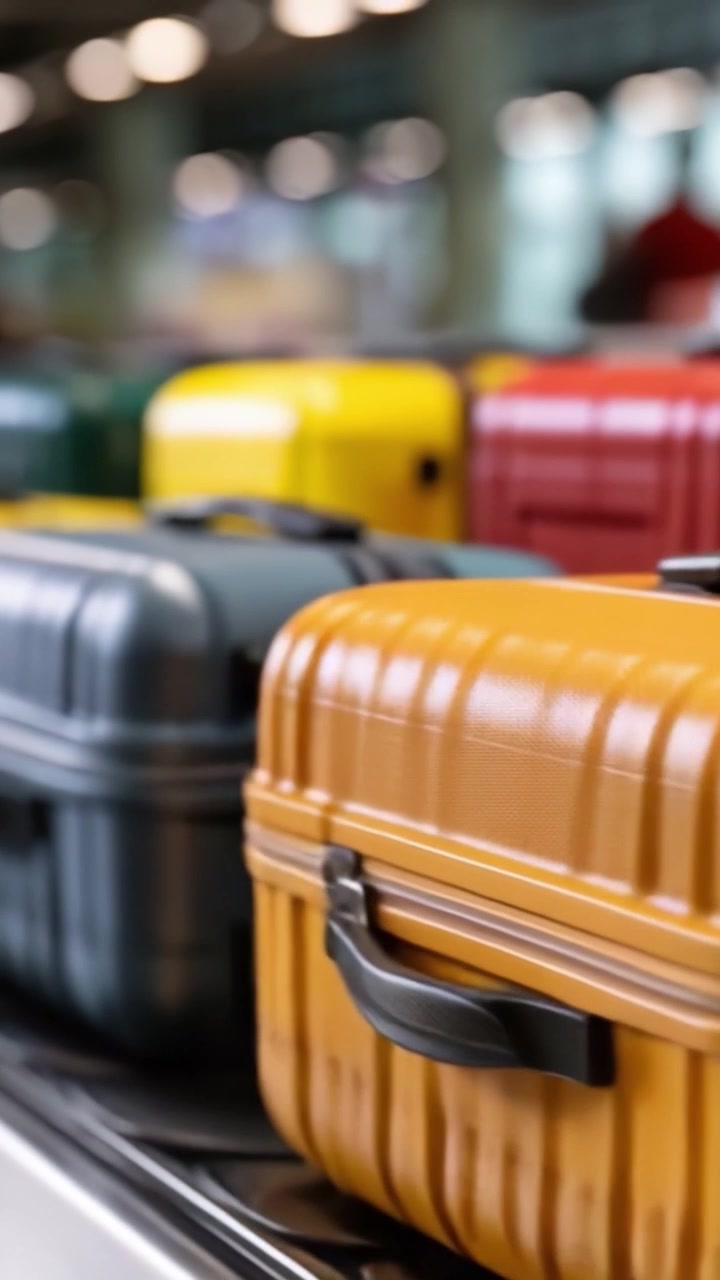 Collezione di bagagli vivace esposta su un nastro trasportatore bagagli