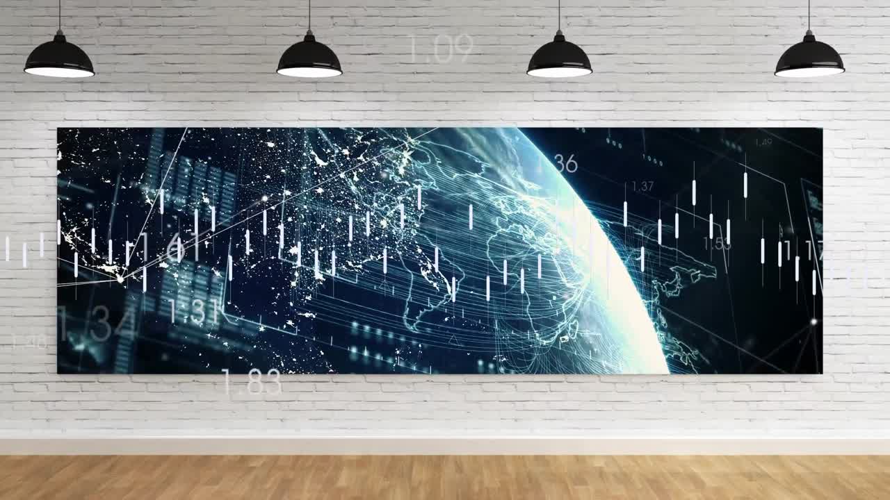 사무실의 벽돌 벽에 대한 데이터 처리와 함께 화면 위에 매달린 불빛의 애니메이션