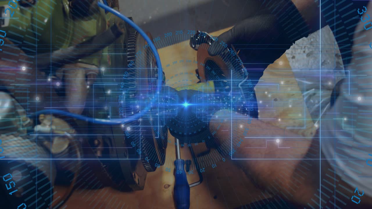 Male tech steadying rotor on bench securing clamp removing rotor housing checking fins under HUD