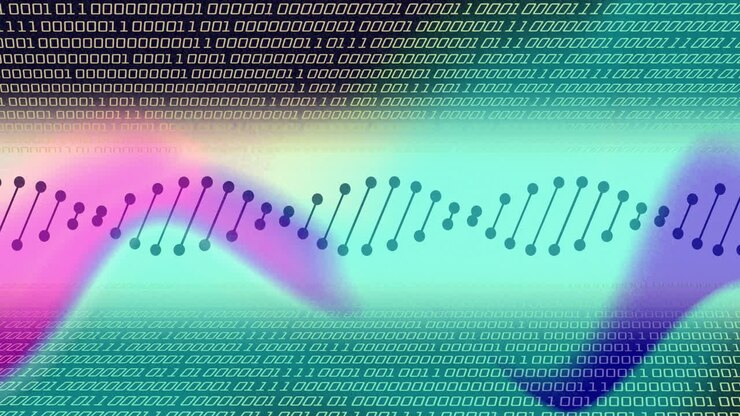 Animation of dna strand over data processing on colourful background