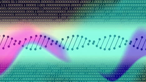 animation of dna strand over data processing on colourful background