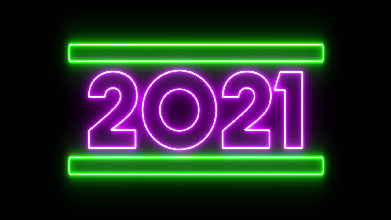 Animation einer flackernden lila Neon-Zahl 2021 und grüner Balken auf schwarzem Hintergrund.